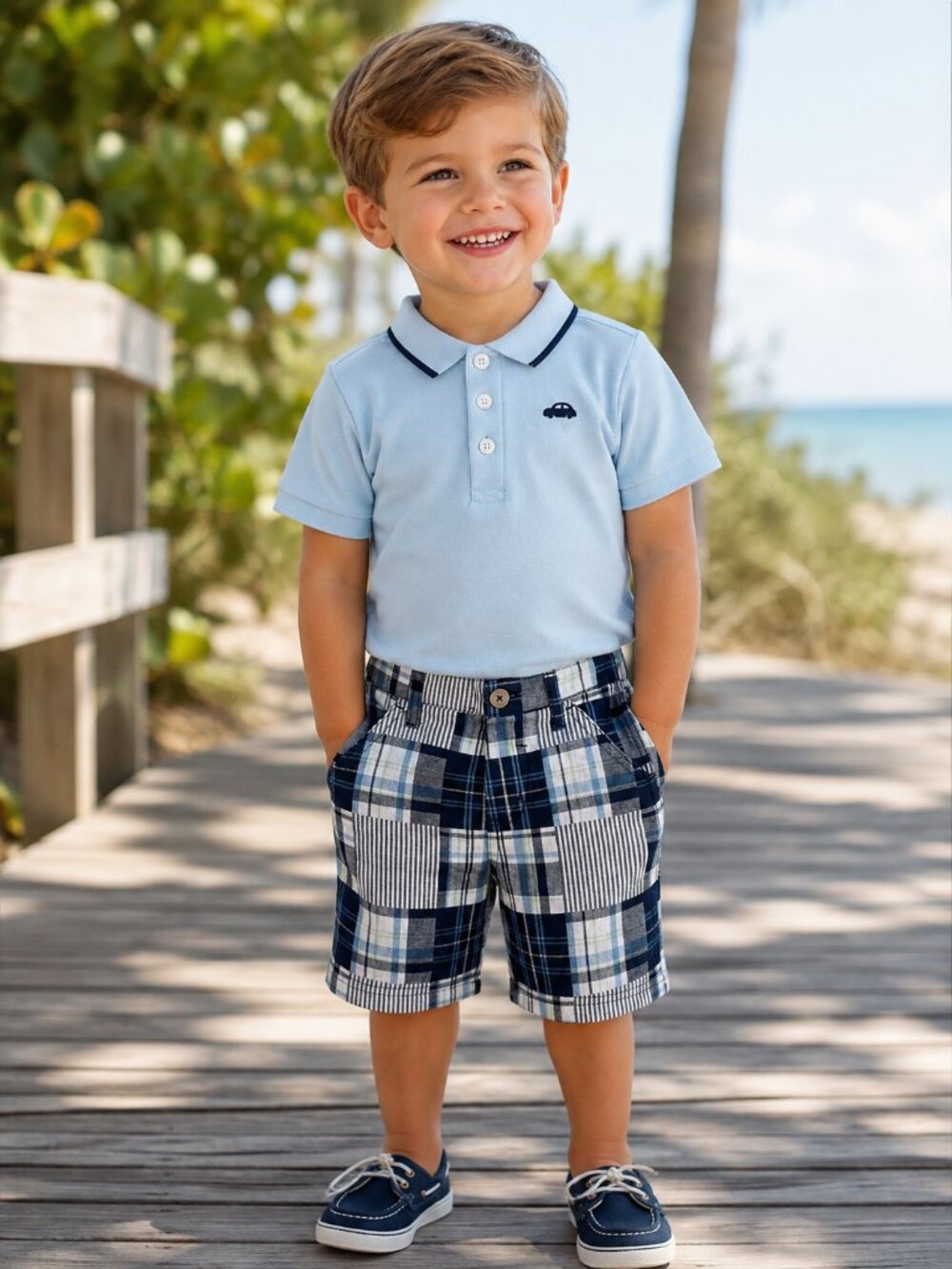 NWT Little Me Toddler Boy 2 Piece Outfit Set Size 18 Months Blue Polo Plaid